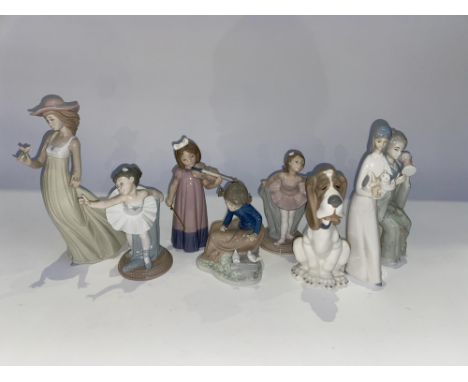 A Nao porcelain figural study of a hound dog, 18cm H and six other Spanish porcelain figural studies