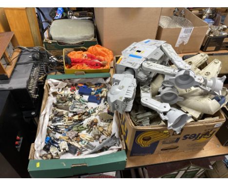 Two boxes of LFL Star Wars toys, to include and an AT-AT Walker, action figures and a Palitoy Action Man figure