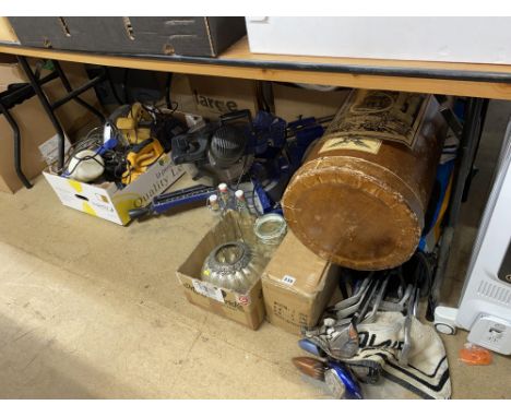 An assortment of power tools including Mitre saw, a decoupage lidded storage box, glass bottles and golf clubs