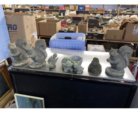 Six animal garden ornaments, the largest measures 24cm H