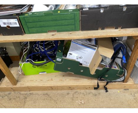 Three boxes of assorted including a lava lamp and speakers