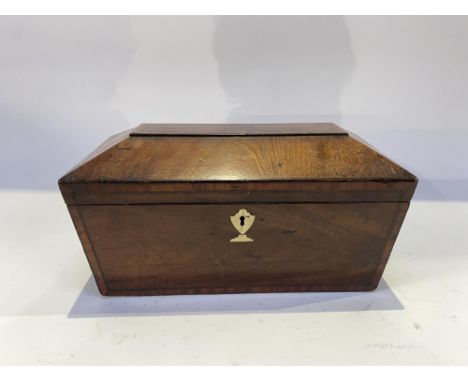 An early 19th Century mahogany tea caddy, of sarcophagus form, measuring 35cm L
