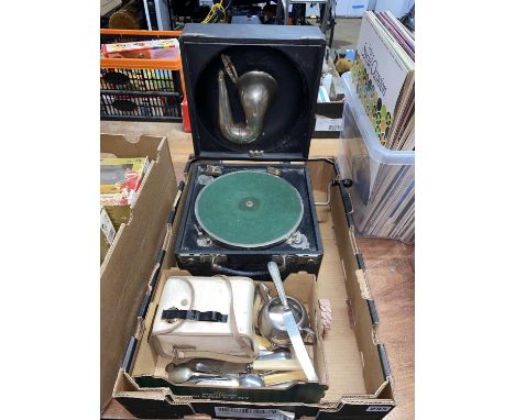 An early 20th Century cased gramophone, plus a silver plated jug, cutlery, watches and a Kodak Brownie camera