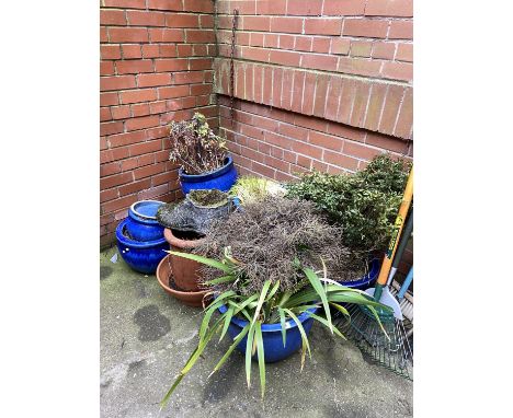 A small quantity of blue glazed plant pots and garden ornaments, plus others