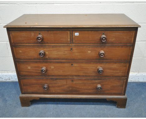 A 19TH CENTURY MAHOGANY CHEST OF TWO SHORT OVER THREE LONG DRAWERS, raised on bracket feet, width 120cm x depth 55cm x height