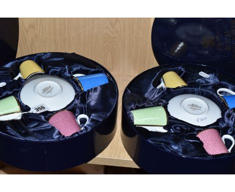 TWO BOXED SETS OF ROYAL WORCESTER COFFEE CANS AND SAUCERS, in celebration of HM Queen Elizabeth's 80th birthday, four cups an