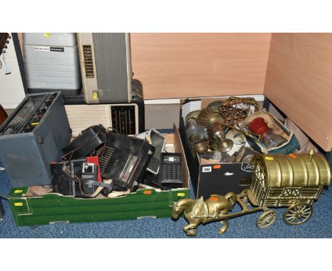 TWO BOXES AND LOOSE METALWARES, CAMERA, AUDIO EQUIPMENT, ETC, including a brass horse and cart, part boxed Bel Jubilee cram m