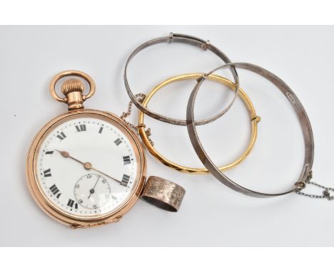 A GOLD PLATED OPEN FACE POCKET WATCH, THREE BANGLES AND A RING, manual wind pocket watch, round white dial, Roman numerals, s