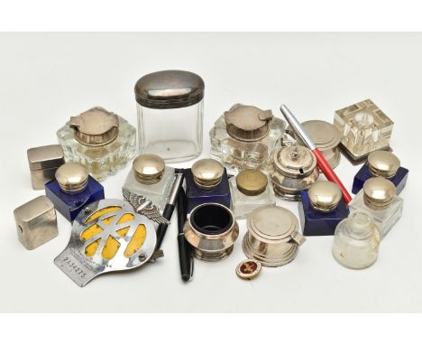 A BOX OF ASSORTED INK WELLS, JARS AND CONDIMENTS, to include a silver salt and mustard both with blue glass inserts, each hal