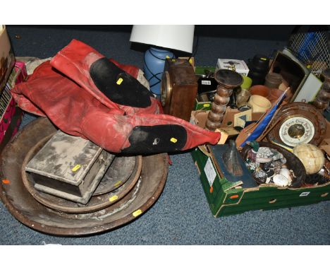 TWO BOXES AND LOOSE TREEN, HOUSEHOLD ITEMS, TEC, including a small Aynsley Partridge and various wooden and unbranded duck mo