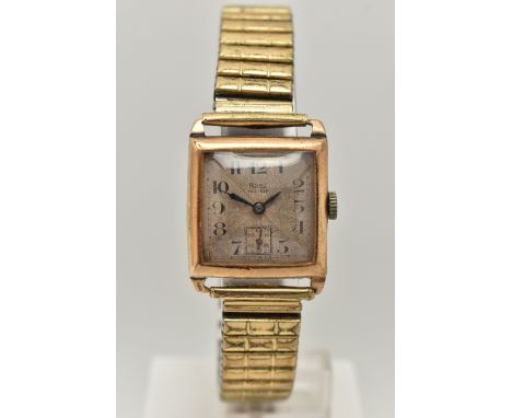 A GENTS 9CT GOLD 'RONE' WRISTWATCH, manual wind, rectangular silver dial signed 'Rone Sixteen', Arabic numerals, subsidiary d