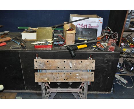 A BOX AND A DRAWER CONTAINING HAND TOOLS including a Marples Combination square spanners, foot pumps, drill bits, rules and r