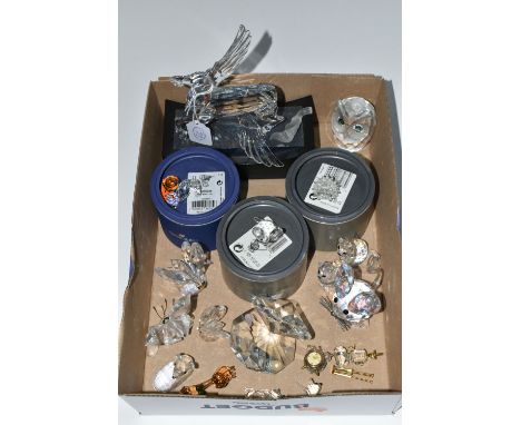 A BOX OF SWAROVSKI CRYSTAL SCULPTURES, to include Pegasus (sd) and stand, a Loyalty Giraffe 2018, Butterflies, Large Mouse - 