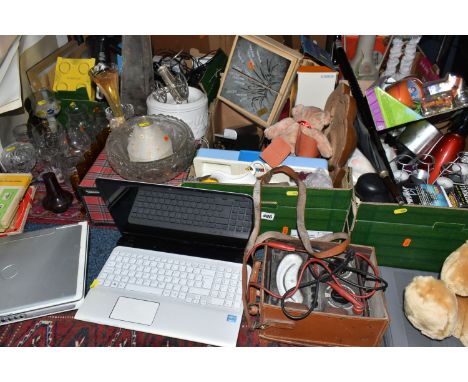 FOUR BOXES AND A LOOSE VARIETY OF SUNDRIES including a vintage 'Avo' Avometer in original leather carry case, three laptops, 