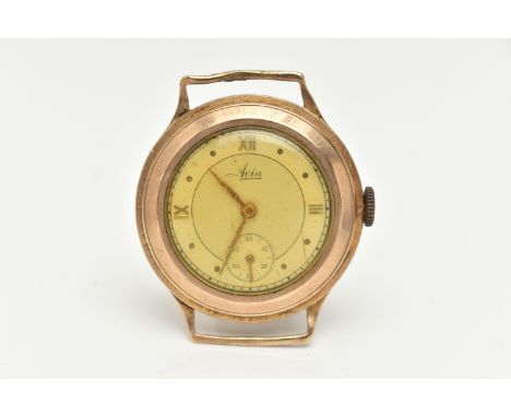 A GENTS 9CT GOLD 'AVIA' WATCH HEAD, manual wind, round silvered dial signed 'Avia', Roman numerals and spot markers, subsidia