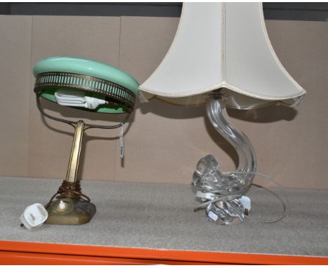 A DAUM FRANCE CRYSTAL GLASS LAMP WITH SHADE, AND AN ART DECO GREEN GLASS AND BRASS DESK LAMP, a crystal Daum producers 1950s 