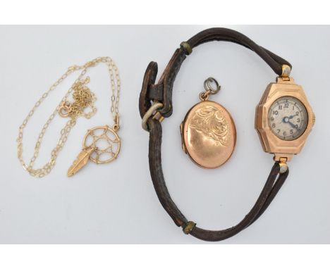 A LADIES 9CT GOLD WRISTWATCH, AN OVAL LOCKET AND A PENDANT NECKLACE, manual wind watch, round silvered dial, Arabic numerals,