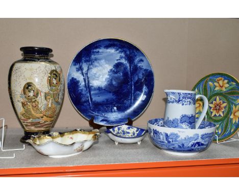 A COLLECTION OF SEVEN DECORATIVE CERAMICS to include a tri-footed 19cm diameter Noritake hand painted bowl, a 38cm height han