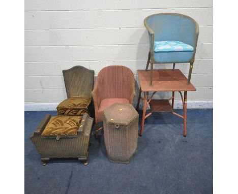 A SELECTION OF PAINTED LLOYD LOOM FURNITURE, to include a table, diameter 61cm x height 73cm, an armchair, a commode, a hexag