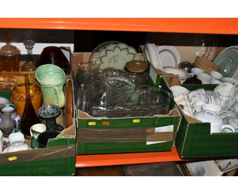 FIVE BOXES OF ASSORTED CERAMICS AND GLASSWARE, including Nunome Japanese tea wares, Mason Cash pie dishes, a Murano amethyst 