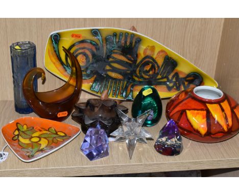A GROUP OF CERAMICS AND GLASS WARE, to include three pieces of Poole Pottery 'Delphis' range: a squat bulbous vase, a spear h