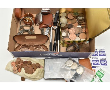 A BOX OF ASSORTED ITEMS, to include a pair of white metal cufflinks, stamped gold on silver, a 'Tissot' watch head, a 'Timor'