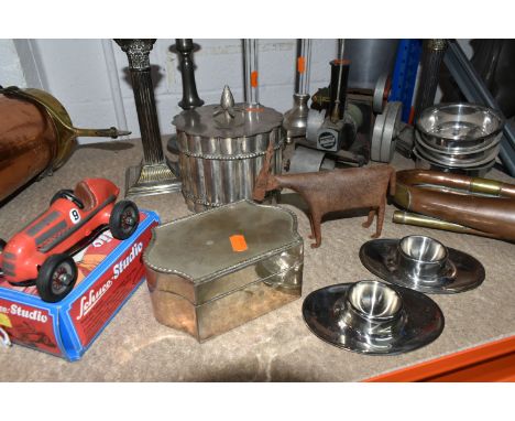 A GROUP OF METALWARE, to include a boxed Schuco Studio tinplate clockwork Mercedes racing car no 1050, with key, instructions