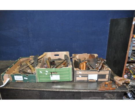 THREE TRAYS CONTAINING WOODWORKING TOOLS including Disstons, Spear and Jackson, Tyzack &amp; sons back saws, a 22in wooden pl