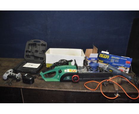 A COLLECTION OF POWER TOOLS including a Gardenline electric chainsaw in original box, Powercraft angle grinder and palm sande