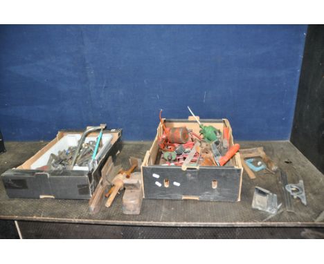 TWO TRAYS CONTAINING TOOLS including spanners by Britool, Bedford, Gedore etc, clamps, squares, a wooden plane, marking gauge