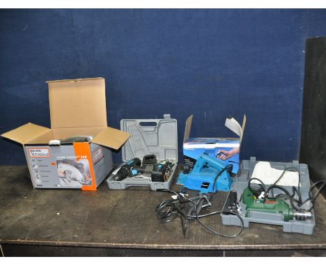 A BOSCH PSB500R DRILL in case, a Challenge Xtreme circular saw in box, a Powerbase Plane in box and a Nu Tool 14.4v dill (all