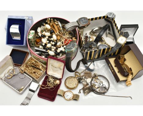 A BOX OF ASSORTED JEWELLERY AND WATCHES, to include a silver hinged bangle, a silver ingot pendant, both with British hallmar