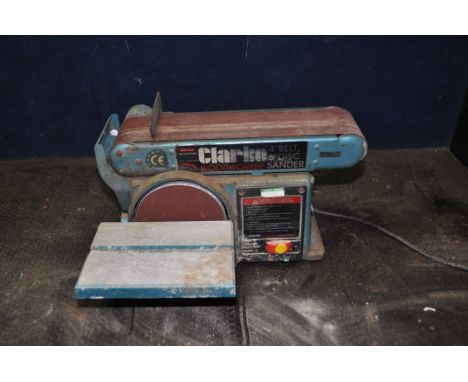 A CLARKE WOODWORKER CS4-6C BELT AND DISC SANDER (PAT pass and working but belt missing for belt sander and disc work table br