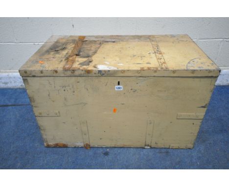 A VINTAGE CREAM PAINTED PINE TOOL CHEST, with a hinged lid and twin metal handles, width 84cm x depth 47cm x height 50cm (con