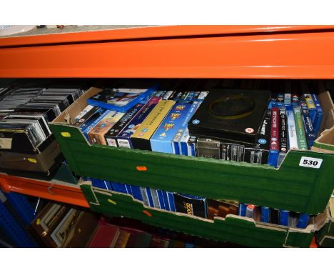 FIVE BOXES OF MIXED BLU RAY AND DVDS AND A BOX OF CDS to include approximately 200 films such as 'Disney' and 'Star Wars' box