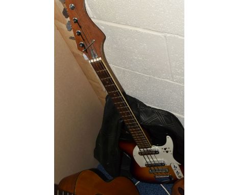 AN UNBRANDED ELECTRIC GUITAR, A TERADA ACOUSTIC GUITAR AND AN EARLY 20TH CENTURY MANDOLIN, the mandolin bears paper label to 