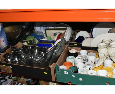 FOUR BOXES AND LOOSE KITCHEN WARES AND CROCKERY ETC, to include a Swan stainless steel steamer, glass oven dishes, a quantity