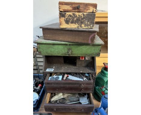 A wooden chest of drawers with contents &amp; 2 small wood boxes including tools &amp; fixings