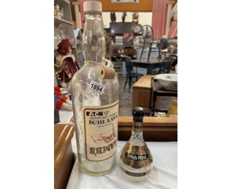 A large vintage Lambs Navy rum pub empty bottle &amp; an Irish Mist Liqueur bottle