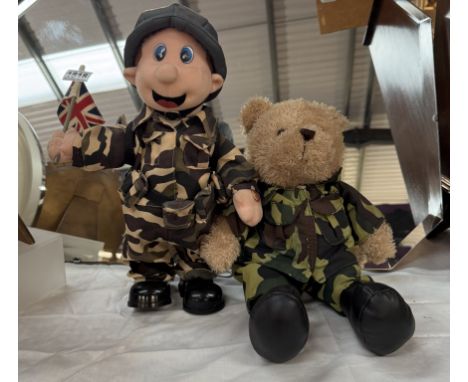 A Military dressed singing Doll &amp; a Teddy Bear