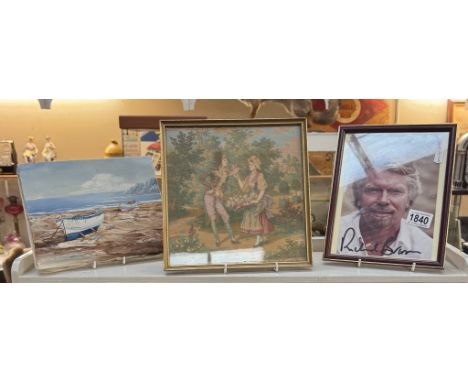 An oil on canvas of fishing boats on shore, a classical tapestry in frame &amp; a signed picture of Richard Branson