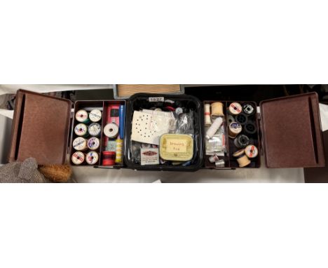 A vintage sewing box &amp; contents including squirrel doorstop
