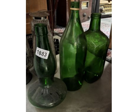 3 vintage large green glass bottles