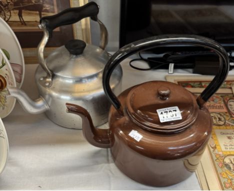 A vintage brown enamel stove kettle &amp; an Agaluxe 4 pint aga aluminium kettle