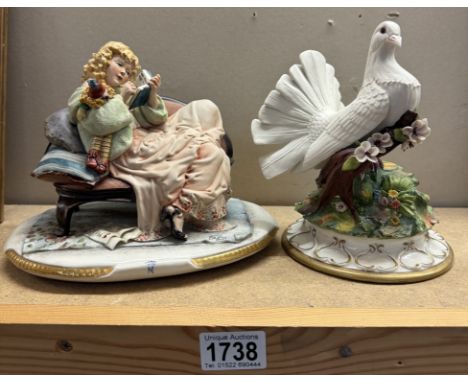 A continental ceramic dove lamp base (no fitting) &amp; a seated figurine