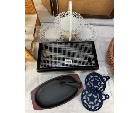 A Tea Lite plate warmer, folding cake stand &amp; cast iron skillet etc