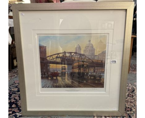 A nice framed &amp; glazed print of Liverpool docks titled Sunset on the overhead by Eric Bottomley