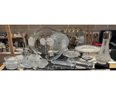 A selection of glassware including a cake stand, claret jug &amp; Perfume bottle A/F, etc