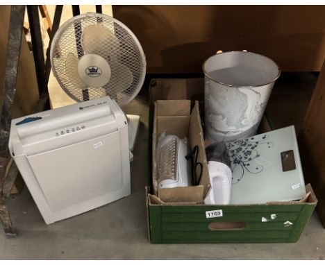 A quantity of electrical items including a paper shredder, fan &amp; light etc