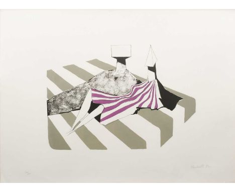 Φ Lynn Chadwick CBE, RA (1914-2003)Seated Figures on Stripes IISigned, dated and numbered 20/100 Chadwick 72 (in pencil to ma